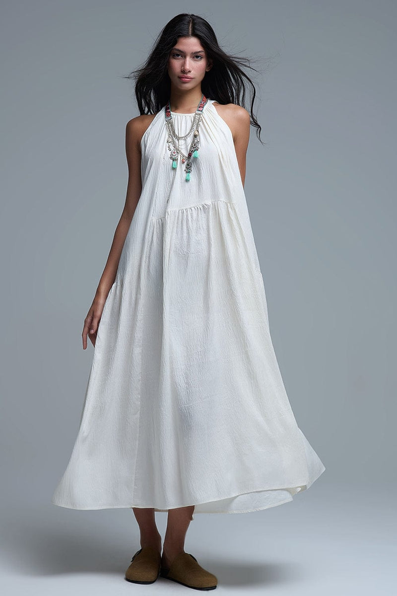 Q2 Women's Dress Cream Halter Neck Maxi Dress With Seam Detailing