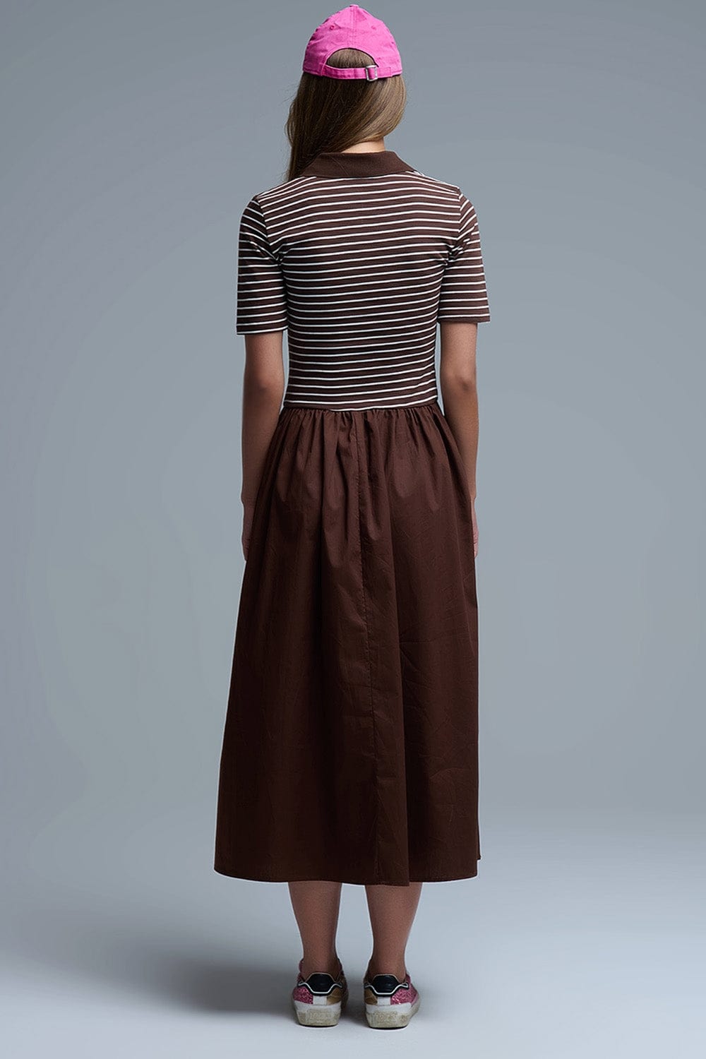 Q2 Women's Dress Dress With Polo Striped Top And Poplin Midi Skirt In Brown