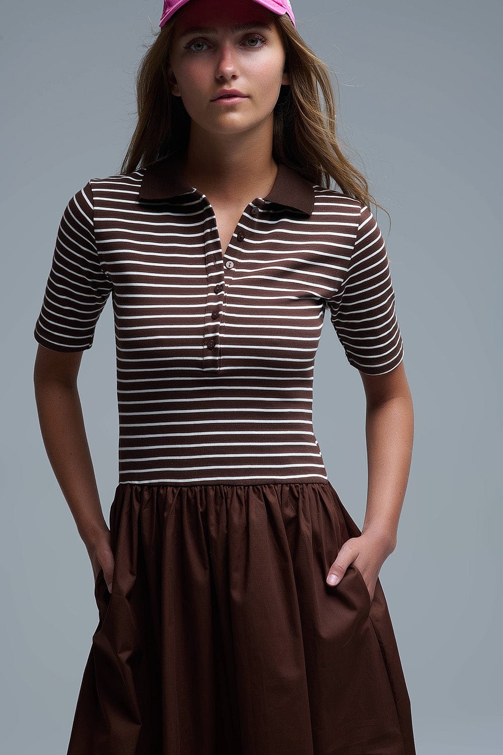 Q2 Women's Dress Dress With Polo Striped Top And Poplin Midi Skirt In Brown