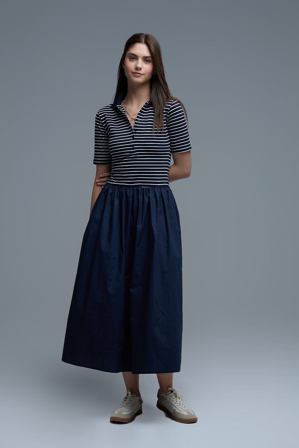 Q2 Women's Dress Dress With Polo Striped Top And Poplin Midi Skirt In Navy