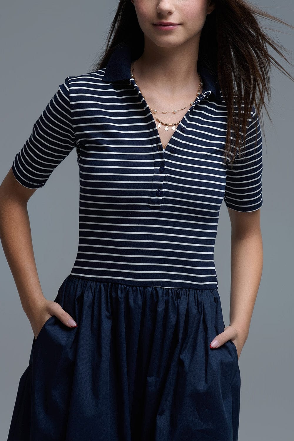 Q2 Women's Dress Dress With Polo Striped Top And Poplin Midi Skirt In Navy