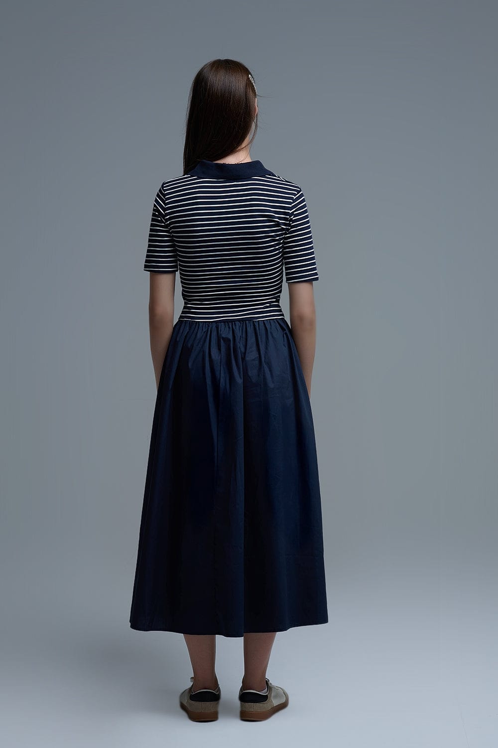Q2 Women's Dress Dress With Polo Striped Top And Poplin Midi Skirt In Navy