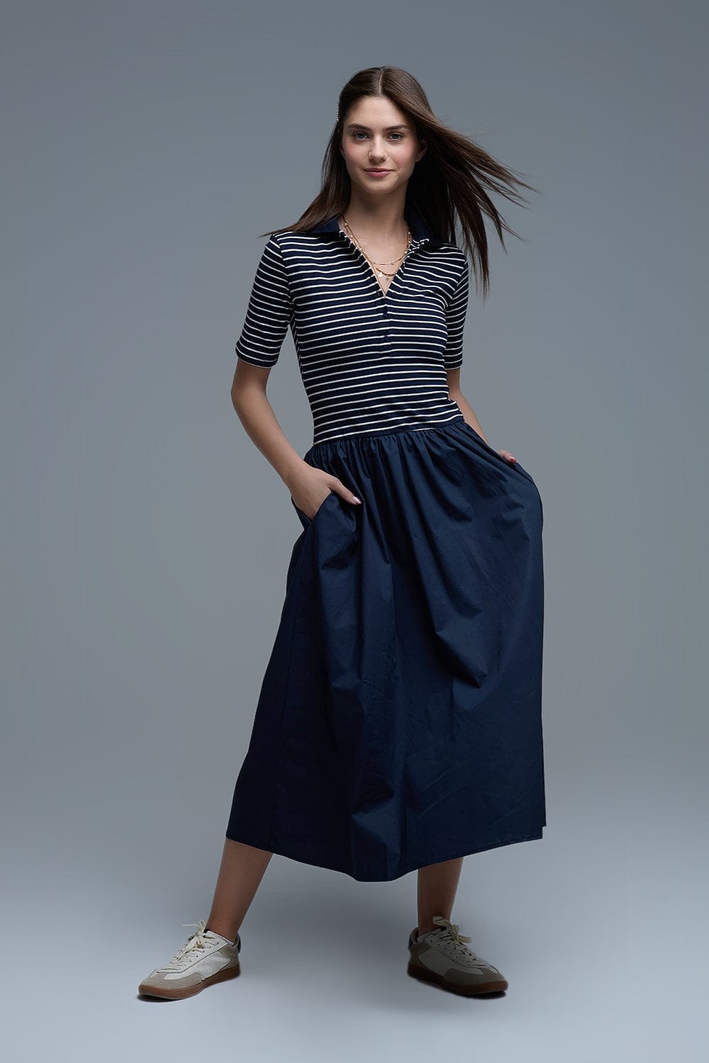 Q2 Women's Dress Dress With Polo Striped Top And Poplin Midi Skirt In Navy