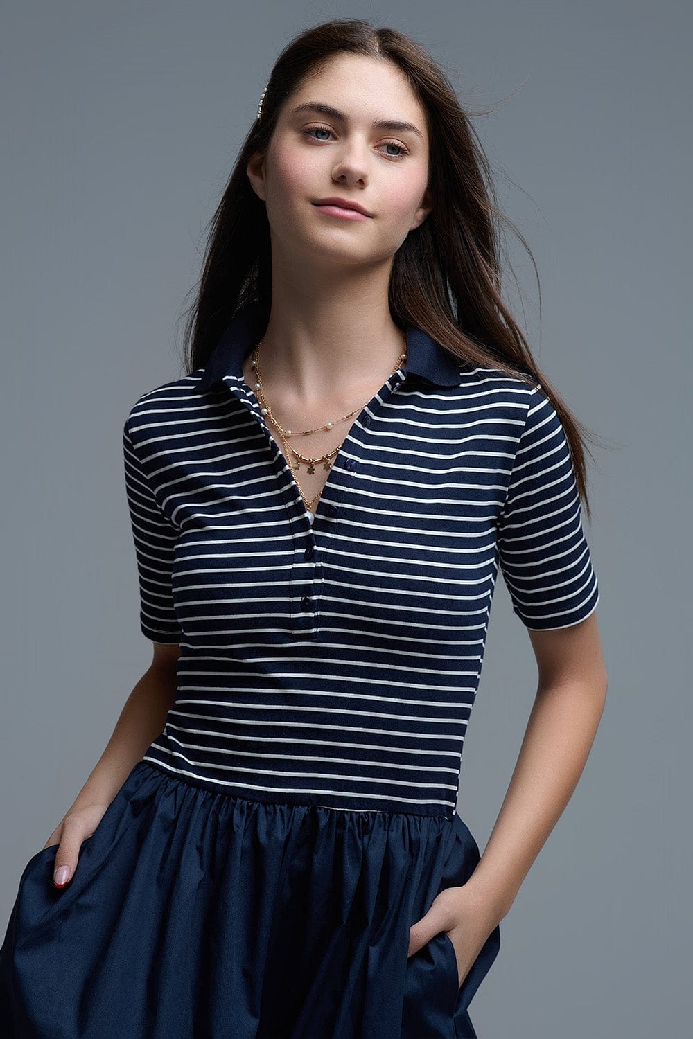 Q2 Women's Dress Dress With Polo Striped Top And Poplin Midi Skirt In Navy