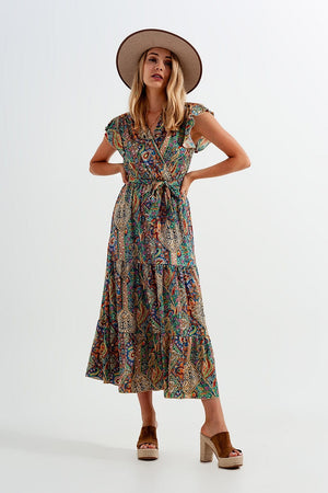 Q2 Women's Dress Dressed Ruffle Hem Midaxi Dress in Paisley Print in Green