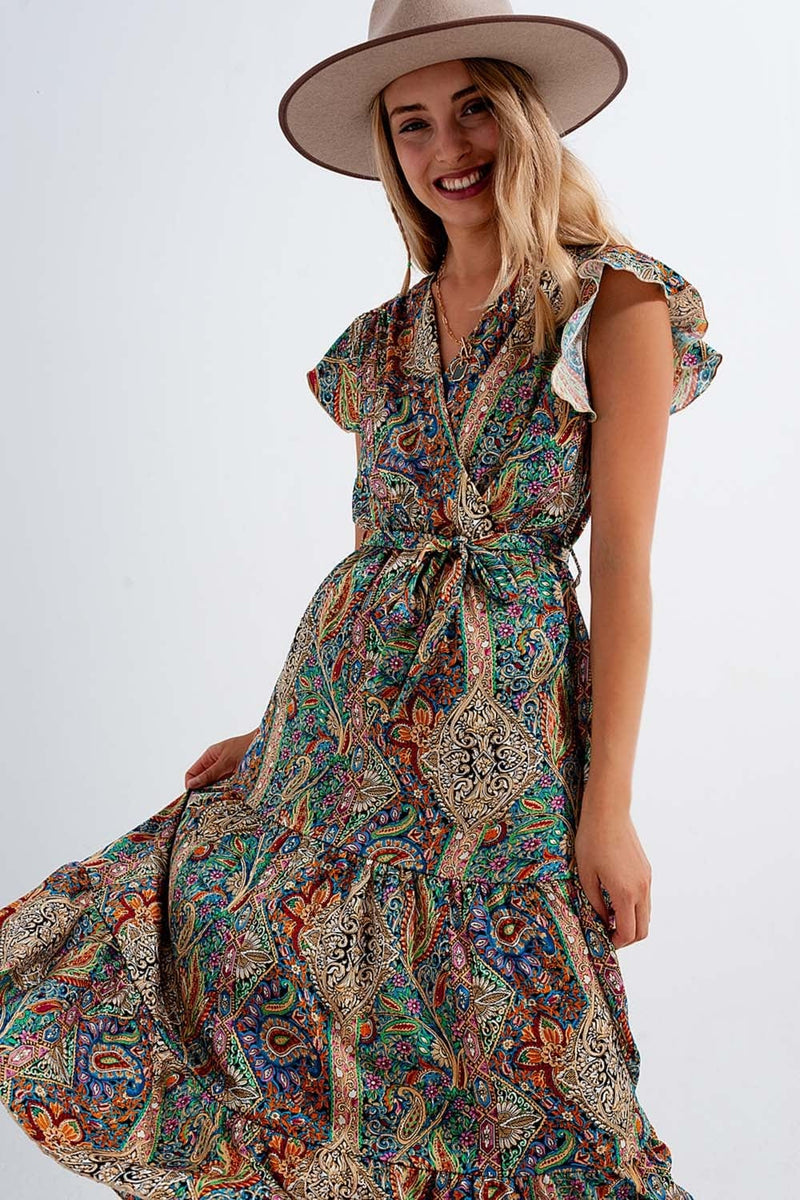 Q2 Women's Dress Dressed Ruffle Hem Midaxi Dress in Paisley Print in Green