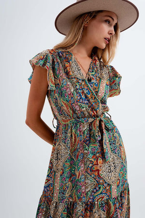 Q2 Women's Dress Dressed Ruffle Hem Midaxi Dress in Paisley Print in Green