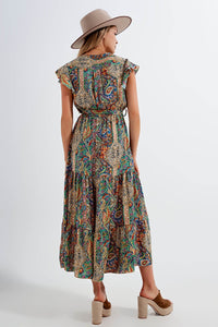 Q2 Women's Dress Dressed Ruffle Hem Midaxi Dress in Paisley Print in Green