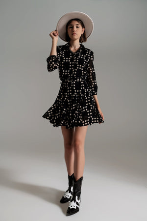 Q2 Women's Dress Fit And Frill Polka Dot Dress With Voluminous Sleeves In Black