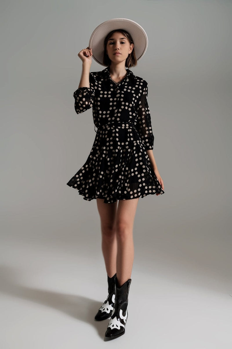 Q2 Women's Dress Fit And Frill Polka Dot Dress With Voluminous Sleeves In Black