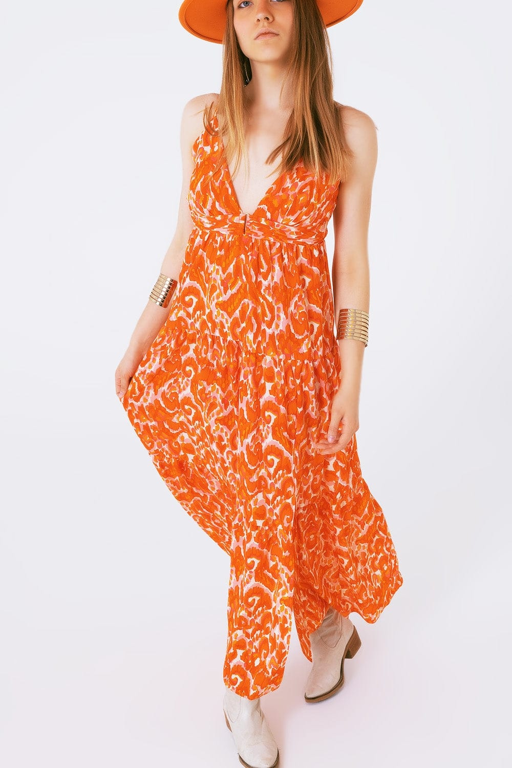 Q2 Women's Dress Floral Print Maxi Dress With V Neck In Orange