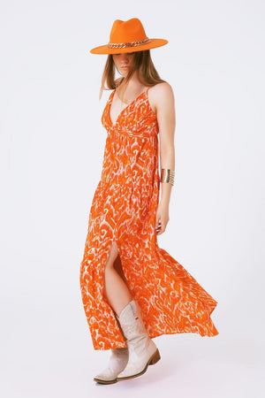 Q2 Women's Dress Floral Print Maxi Dress With V Neck In Orange