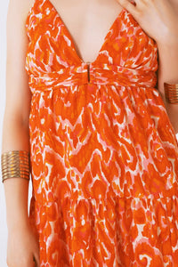 Q2 Women's Dress Floral Print Maxi Dress With V Neck In Orange