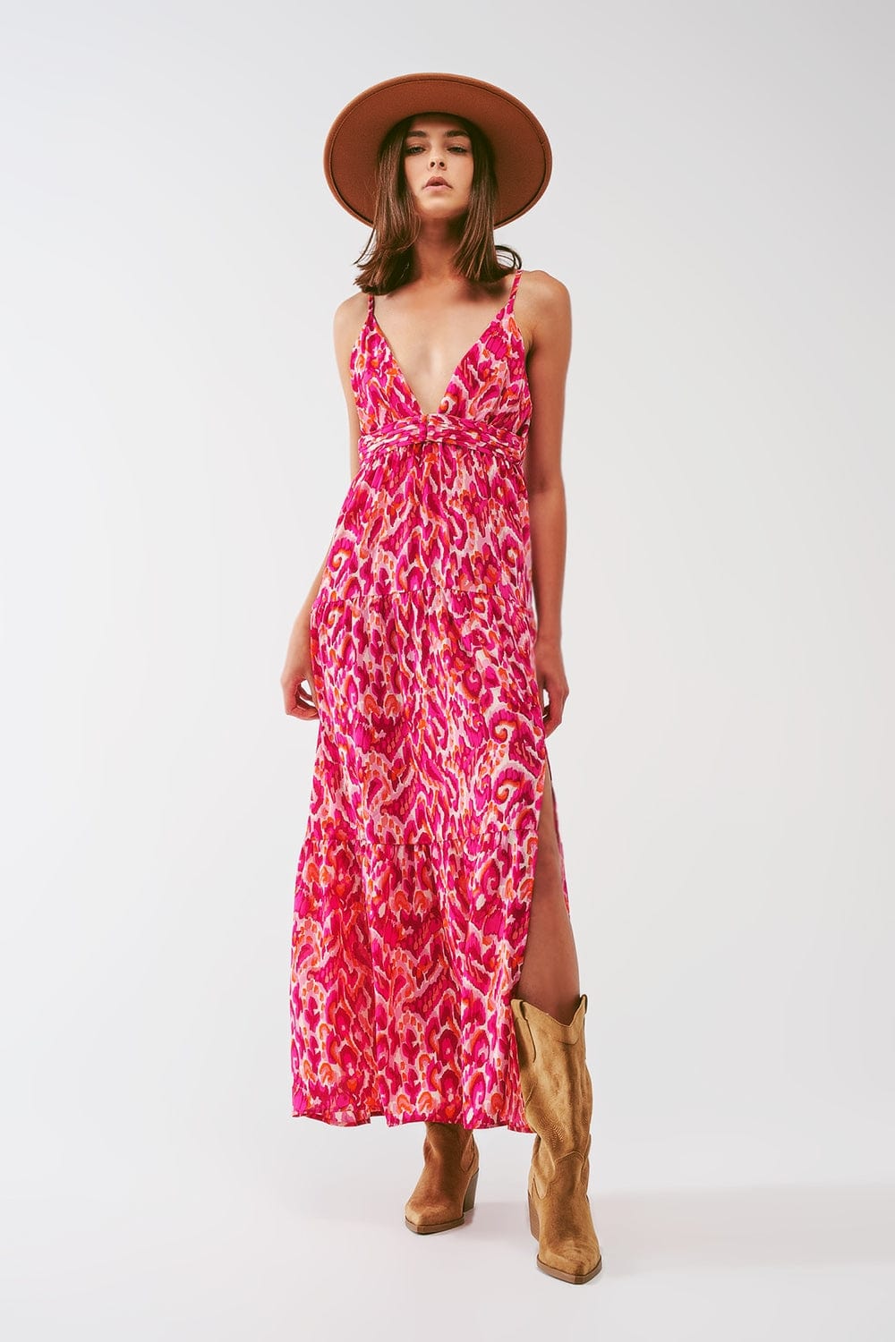 Q2 Women's Dress Floral Print Maxi Dress with V neck in Pink