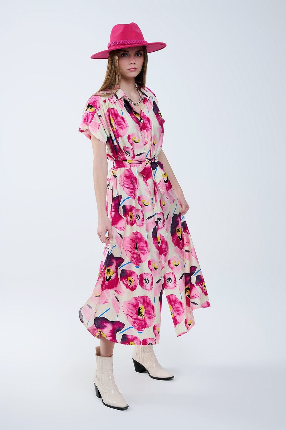 Q2 Women's Dress Floral Printed Buttoned Shirt Dress In Fuchsia