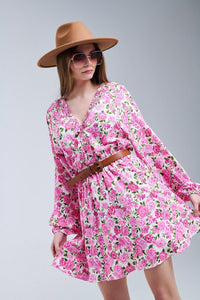 Q2 Women's Dress Floral V-Neck Dress With Pink Blooms And Green Accents