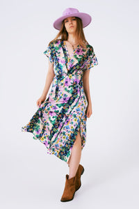 Q2 Women's Dress Flower Print Front Knot Maxi Dress In Purple And Green Multicolour