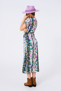 Q2 Women's Dress Flower Print Front Knot Maxi Dress In Purple And Green Multicolour