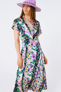 Q2 Women's Dress Flower Print Front Knot Maxi Dress In Purple And Green Multicolour