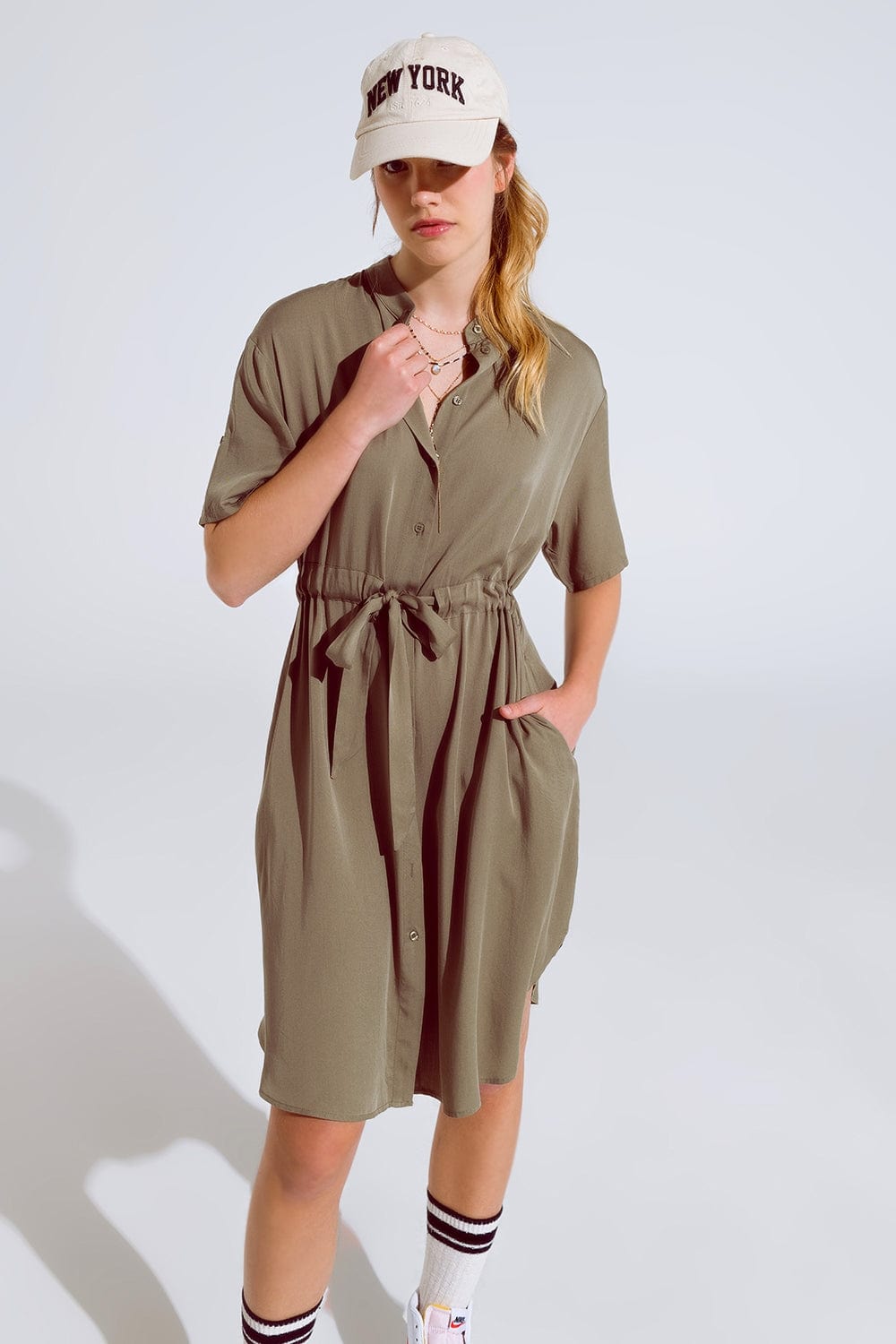 Q2 Women's Dress Flowy Button Up Dress With Belt And Side Pockets
