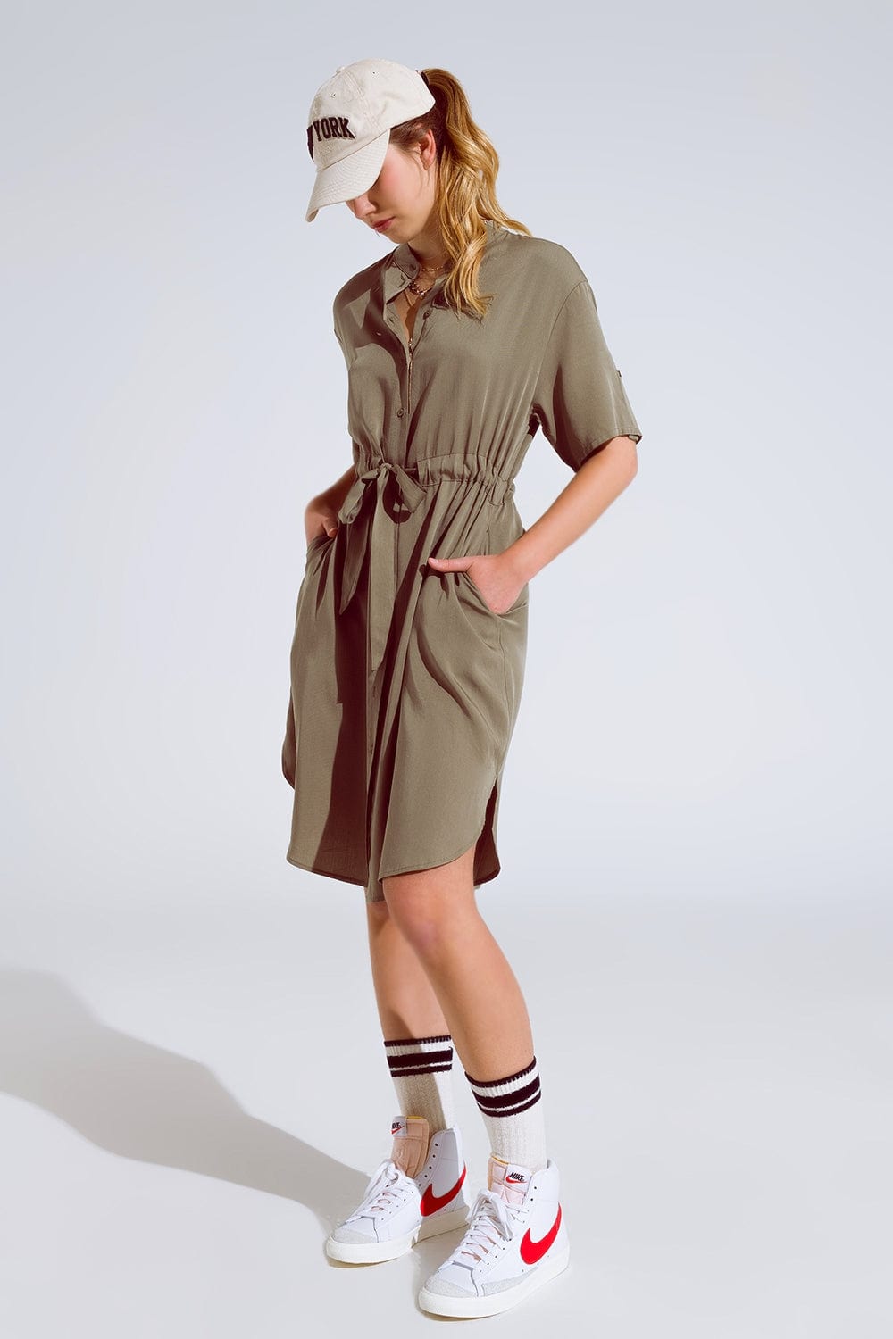 Q2 Women's Dress Flowy Button Up Dress With Belt And Side Pockets