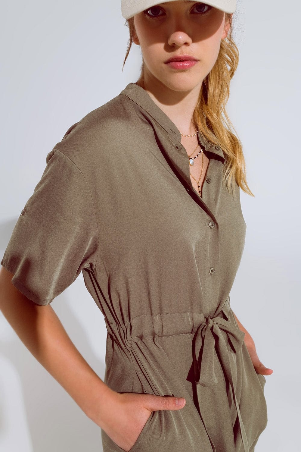 Q2 Women's Dress Flowy Button Up Dress With Belt And Side Pockets