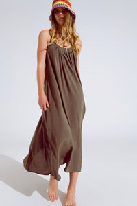 Q2 Women's Dress Flowy Khaki Maxi Dress With Spaghetti Straps And Beaded Details