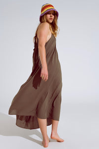 Q2 Women's Dress Flowy Khaki Maxi Dress With Spaghetti Straps And Beaded Details