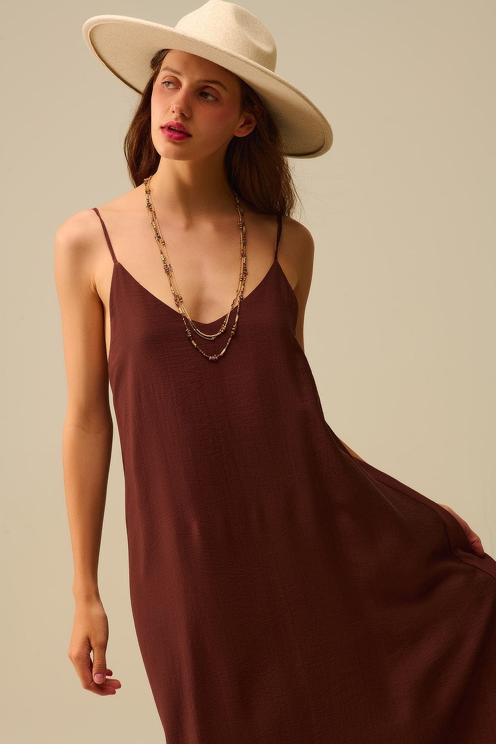 Q2 Women's Dress Flowy Spaghetti Strap Maxi Brown Dress