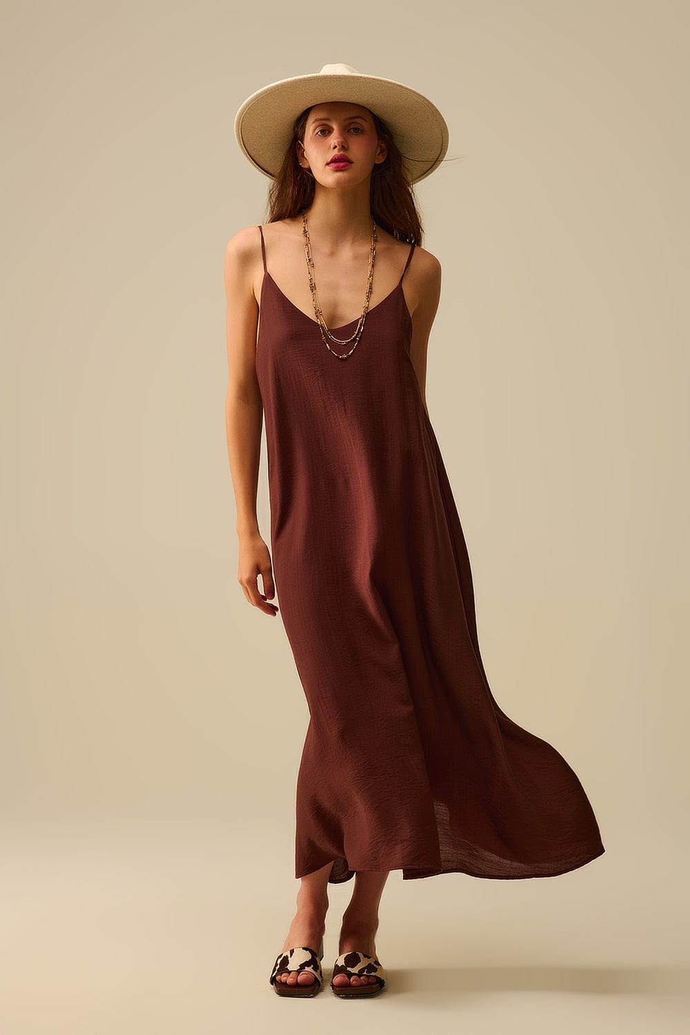 Q2 Women's Dress Flowy Spaghetti Strap Maxi Brown Dress