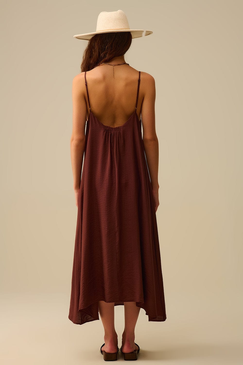 Q2 Women's Dress Flowy Spaghetti Strap Maxi Brown Dress