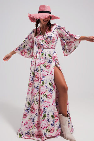 Q2 Women's Dress Flutter Sleeve Maxi Dress in Pink Floral Print