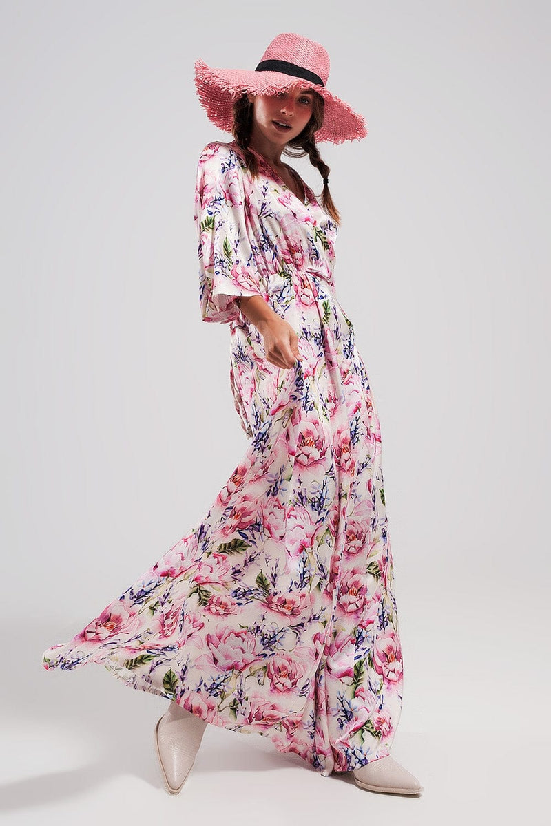 Q2 Women's Dress Flutter Sleeve Maxi Dress in Pink Floral Print