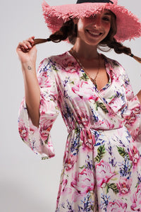 Q2 Women's Dress Flutter Sleeve Maxi Dress in Pink Floral Print