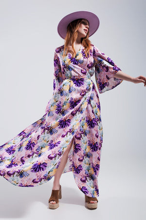 Q2 Women's Dress Flutter Sleeve Maxi Dress in Purple Floral Print