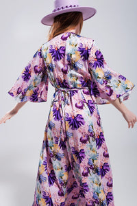 Q2 Women's Dress Flutter Sleeve Maxi Dress in Purple Floral Print