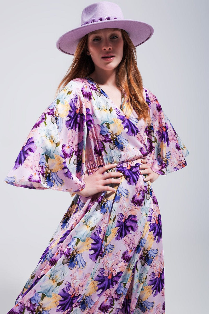 Q2 Women's Dress Flutter Sleeve Maxi Dress in Purple Floral Print