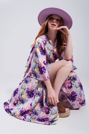 Q2 Women's Dress Flutter Sleeve Maxi Dress in Purple Floral Print