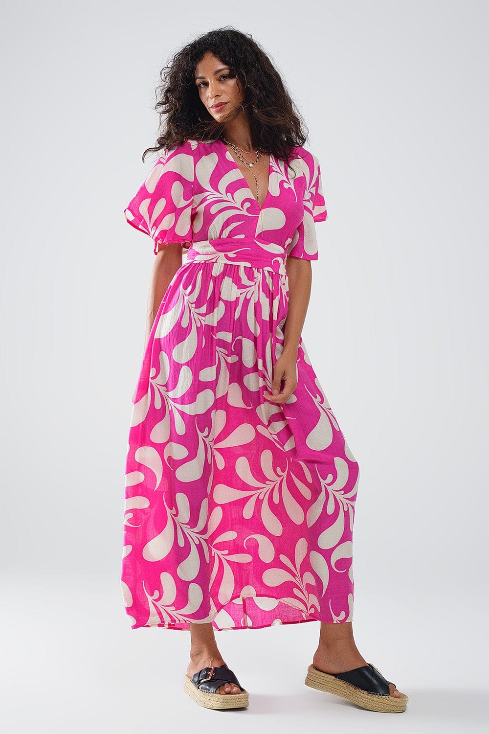 Q2 Women's Dress Fuchsia Floral Print Maxi Dress With Open Back