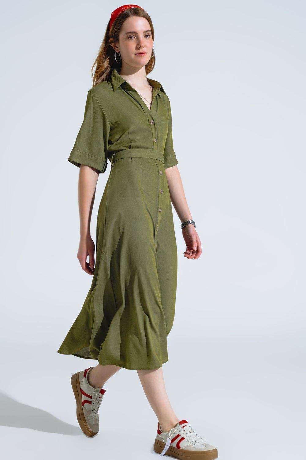 Q2 Women's Dress Green Maxi Shirt Dress With Polo Collar