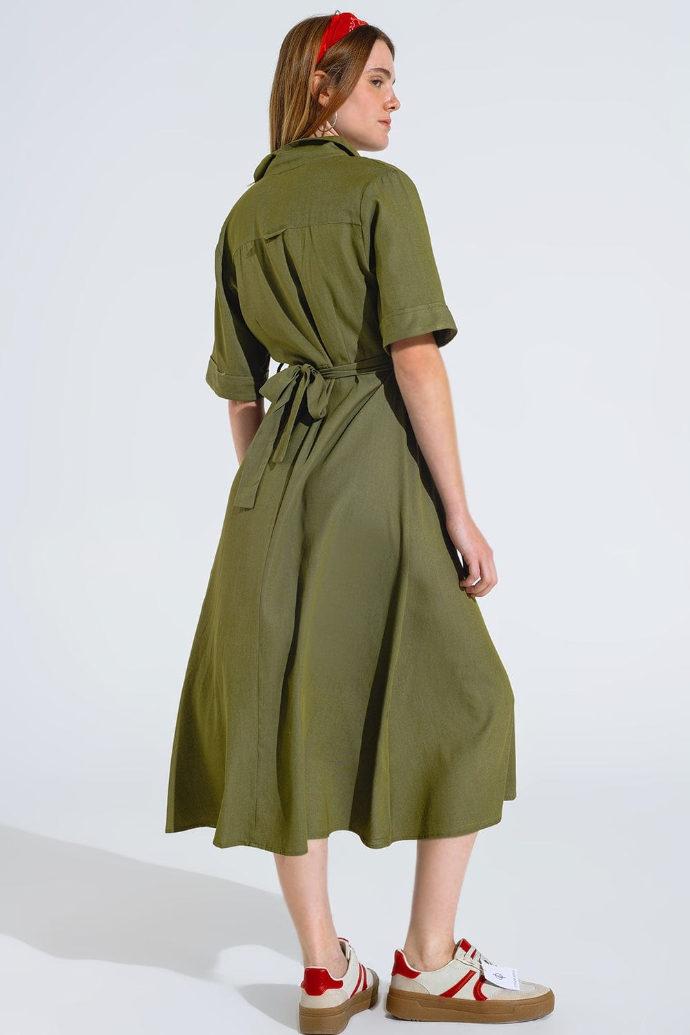 Q2 Women's Dress Green Maxi Shirt Dress With Polo Collar