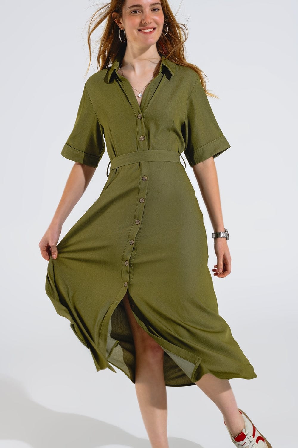 Q2 Women's Dress Green Maxi Shirt Dress With Polo Collar