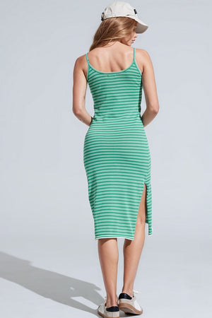 Q2 Women's Dress Green Midi Dress With Stripes And Spaghetti Straps