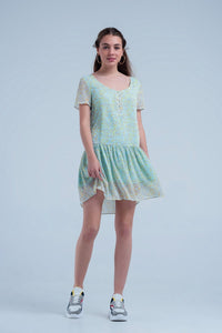 Q2 Women's Dress Green Mini Dress with Flower Print