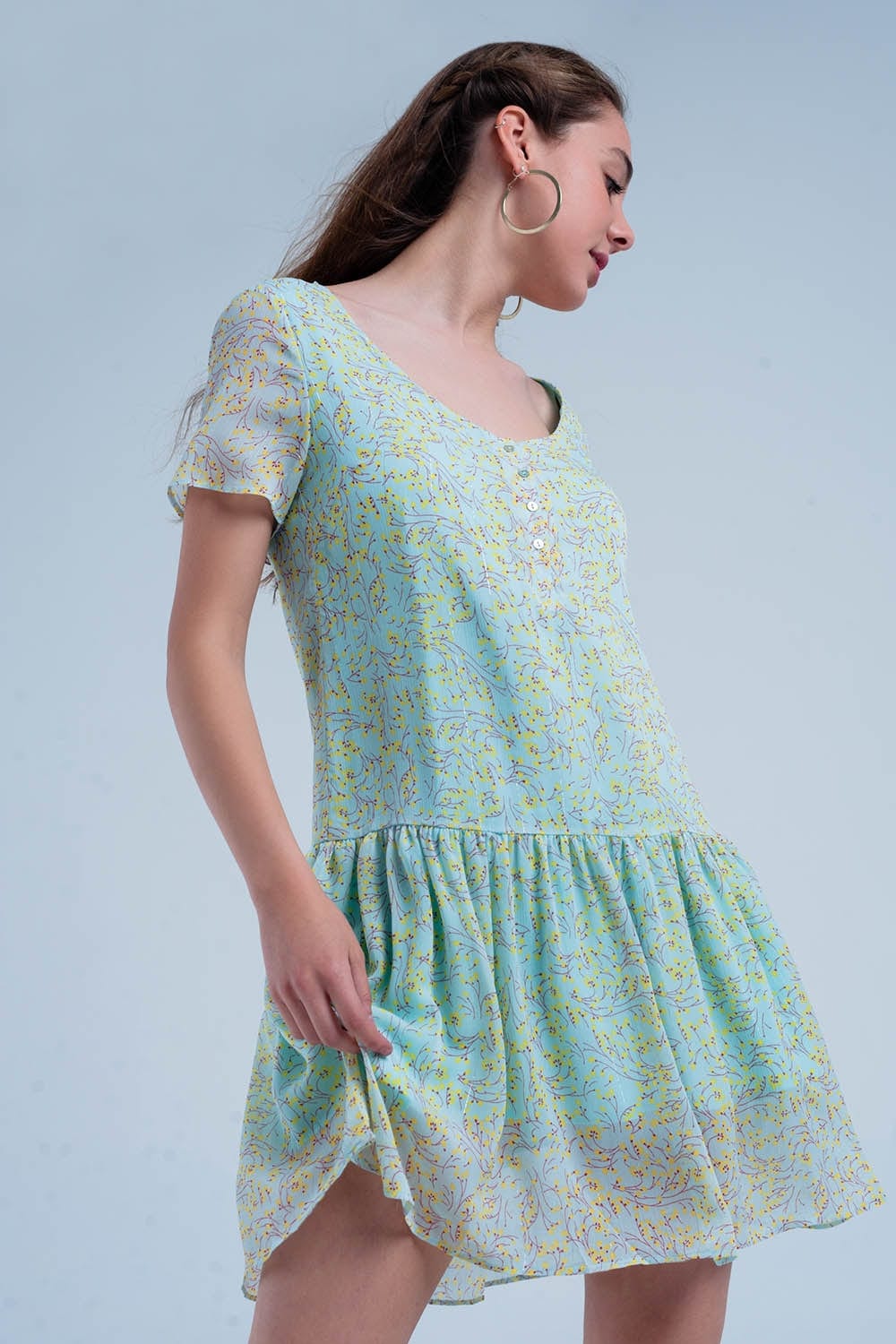 Q2 Women's Dress Green Mini Dress with Flower Print