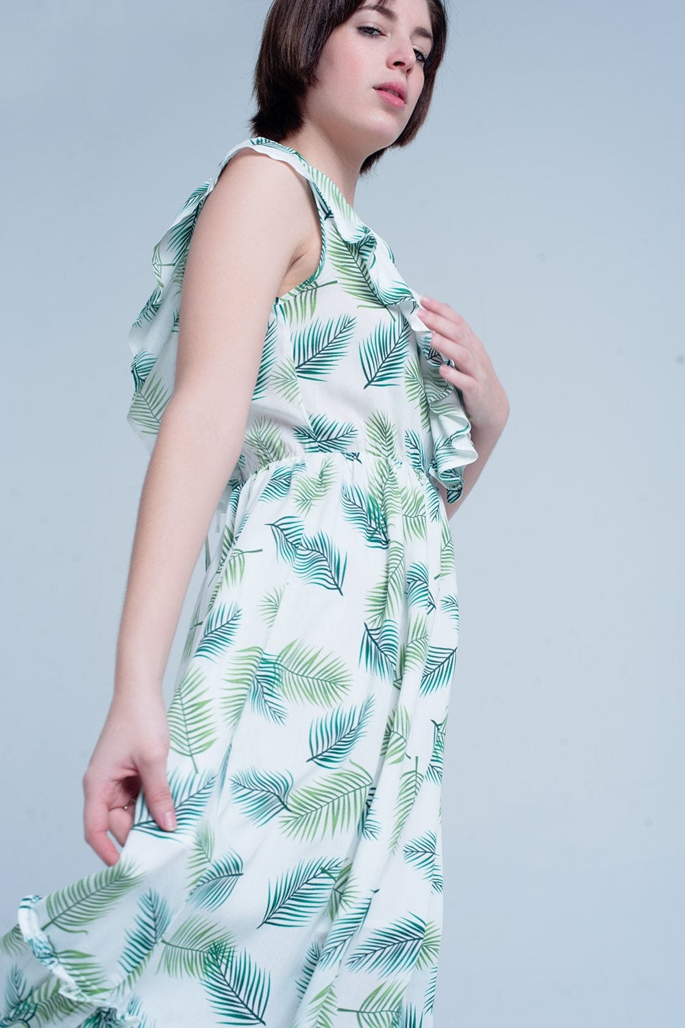 Q2 Women's Dress Green Printed Midi Dress with Ruches