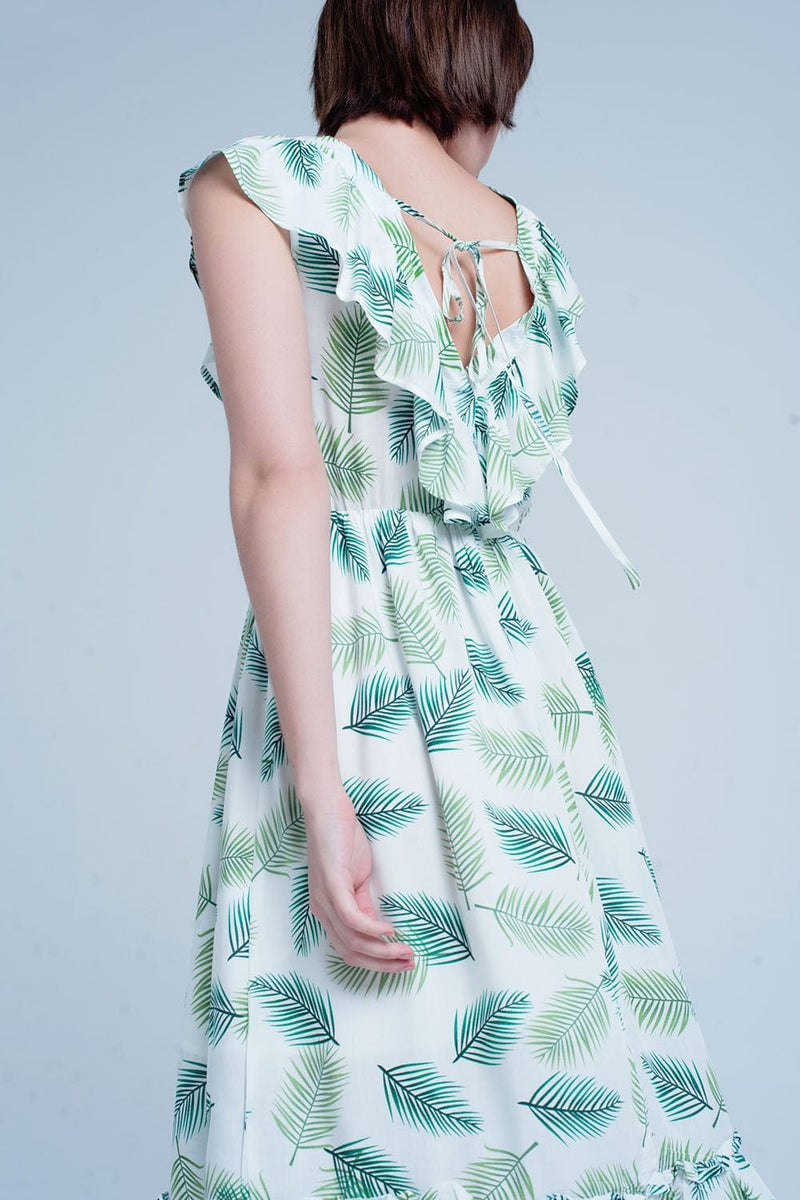 Q2 Women's Dress Green Printed Midi Dress with Ruches