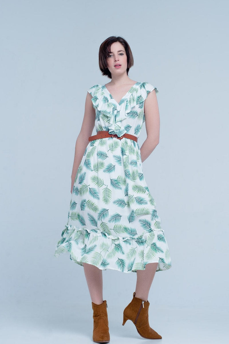 Q2 Women's Dress Green Printed Midi Dress with Ruches