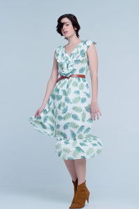 Q2 Women's Dress Green Printed Midi Dress with Ruches