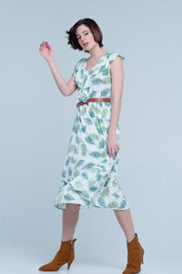 Q2 Women's Dress Green Printed Midi Dress with Ruches